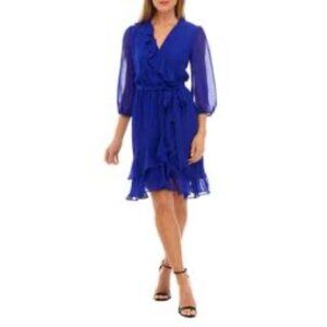 Julian Taylor Dress 18W Flowy Royal Blue 3/4 Long Sleeve Ruffle Washable NEW